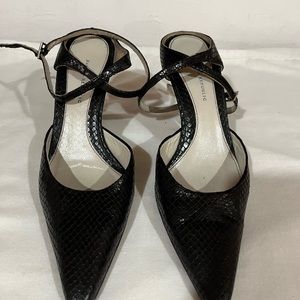 Strappy black embossed leather heels